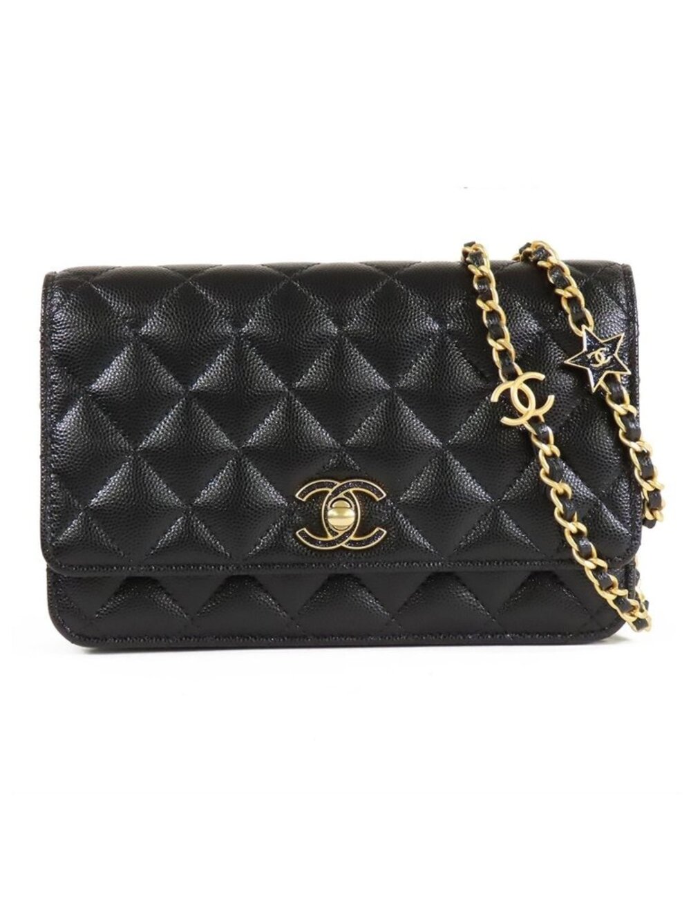 Chanel Chain Wallet Black Caviar Leather Roller Skate Star Charm Shoulder Bag